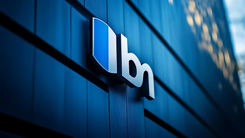 Modern blue corporate building facade with illuminated 3D logo sign.