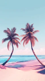 Twin Palm Trees Bending Over Pink Beach Paradise.