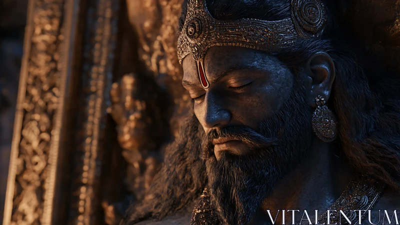 Regal stone monarch in ornate golden relief portrait.