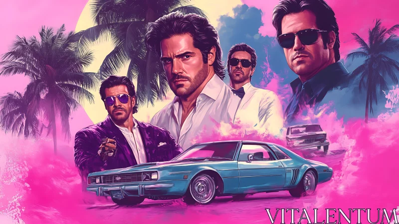 Retro city crime crew with teal sports car and neon fog.