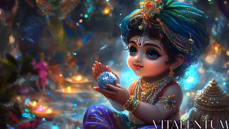 Digital painting of jeweled child deity in luminous shrine interior.