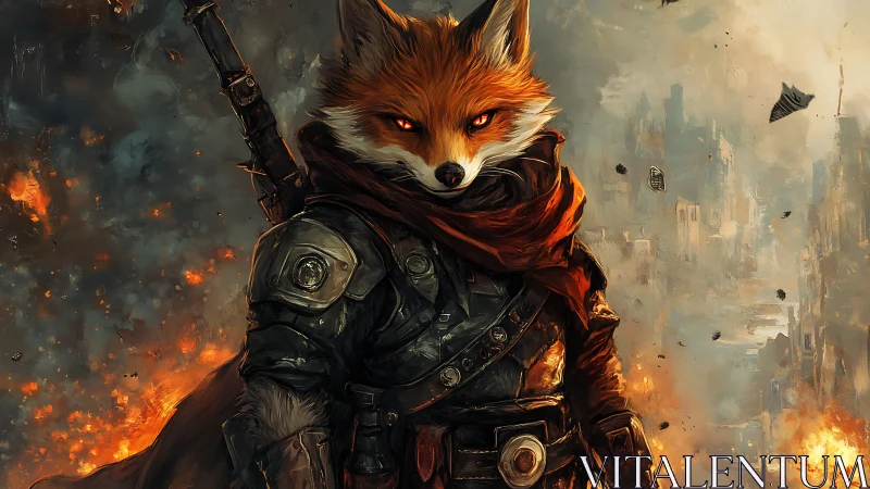 Fearless fox warrior strides through a burning ruined city