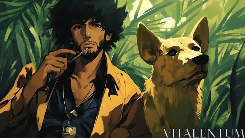 Stylized bearded wanderer and alert dog in dense jungle light