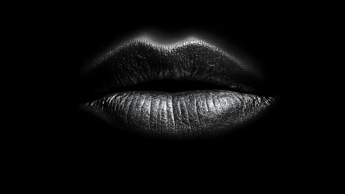 Metallic silver lips on deep black background, close view.