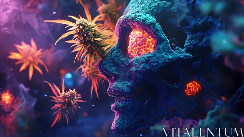 Bioluminescent coral skull with glowing cannabis blooms.