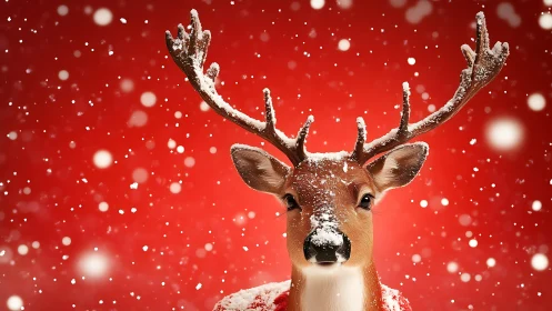 Snow-dusted reindeer portrait on luminous red backdrop.