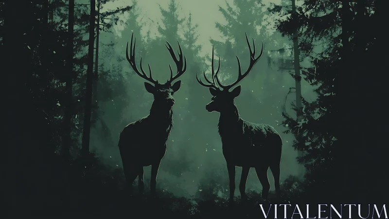 Stag silhouettes stand within deep green misty forest