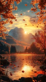 Sunset conducts a golden symphony across the autumn lake