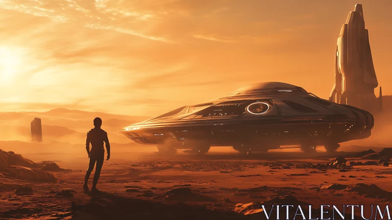 Cinematic sunset landing with streamlined starship on desert plain.