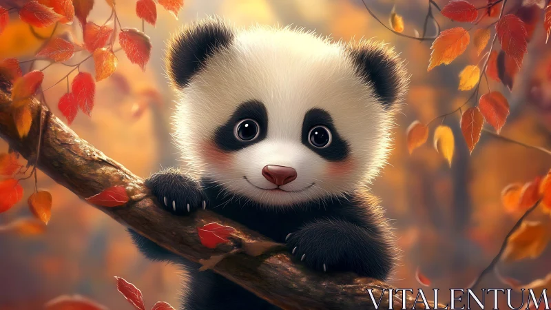 Baby panda grips autumn branch with soft glowing light