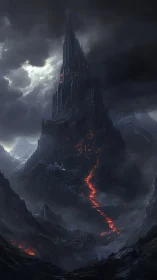 Brooding dark tower looms over a lava-lit mountain path