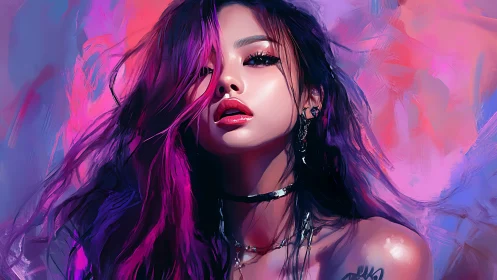 Digital portrait of woman in neon pink and purple light.