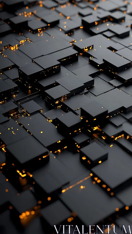Geometric black blocks with glowing amber circuit light grid.