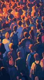 Backlit urban crowd in dense orange and blue gradients.
