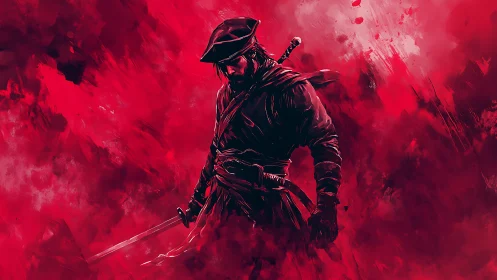 Swordsman stands in red abstract mist with lowered blade