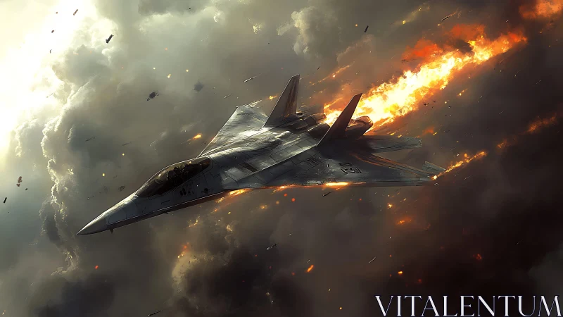 Military fighter jet in steep dive with full afterburner thrust