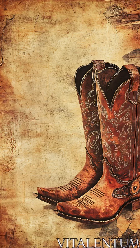 Weathered cowboy boots rest against a rustic vintage wall