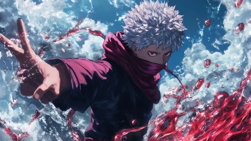 White haired anime figure amid sky and red liquid motion.