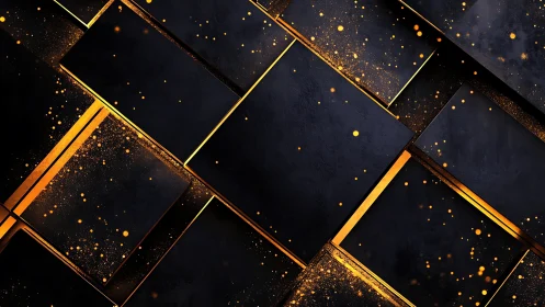 Geometric black panels intersect with luminous metallic gold splatter