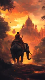 Elephant rider approaches a glowing temple at fiery sunset.