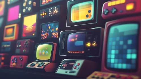 Retro gaming monitors wall with pixel art arcade displays