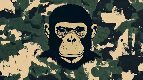 Vector simian head on abstract camouflage field background.