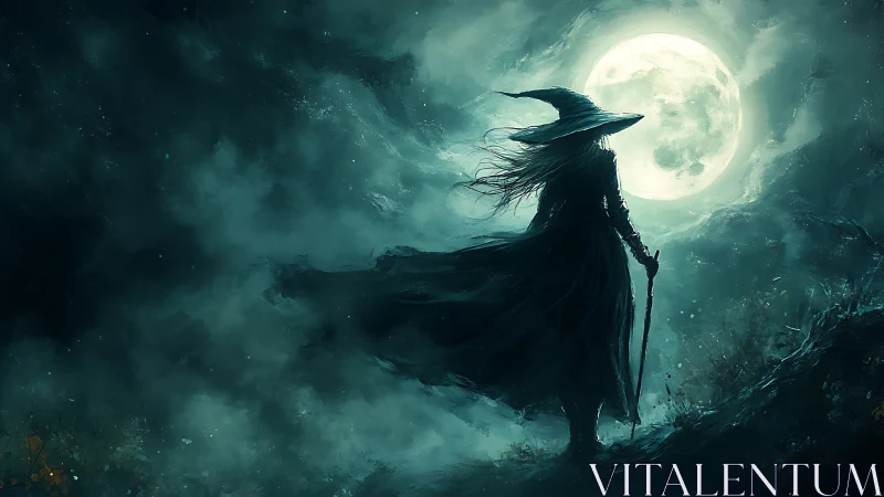 Silhouetted robed figure with staff before full moon.