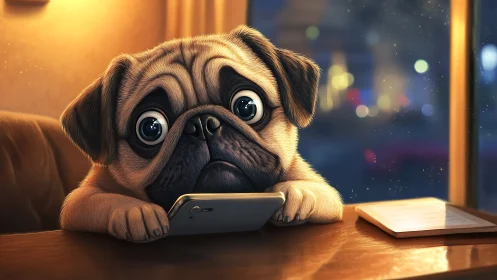 Pug with soulful eyes gazing at smartphone on desk.
