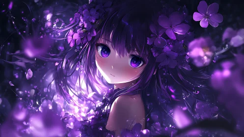 Purple-haired anime girl surrounded by glowing flowers.