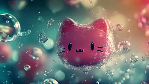 Pink Cat Head Suspended in Water with Bubbles