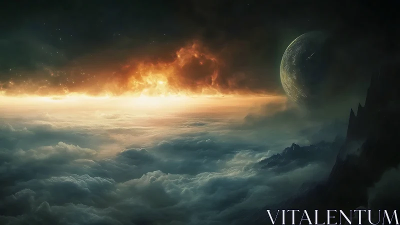 Planet hangs over cloud sea under burning atmospheric horizon