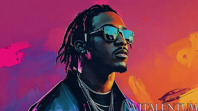 Neon-lit portrait of confident man in reflective shades.