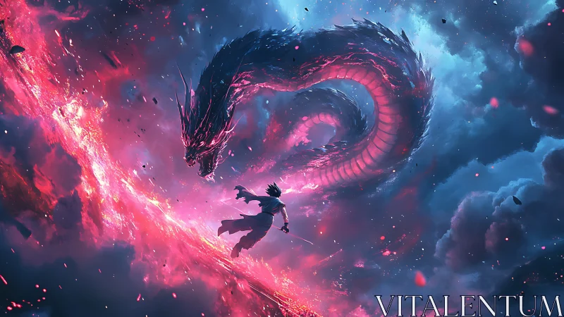 Starlit swordsman arcs toward a nebula dragon’s blazing roar