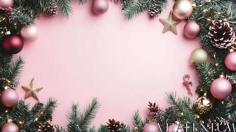 Pink background frames elegant Christmas pine garland border