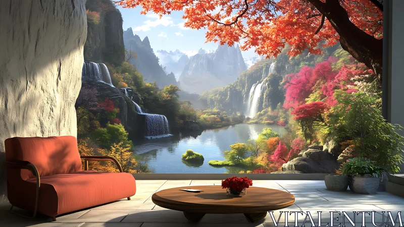 Interior seating facing stylized valley lake and waterfalls.