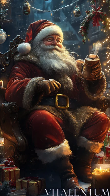 Cozy Santa relaxing with cocoa under twinkling Christmas lights.