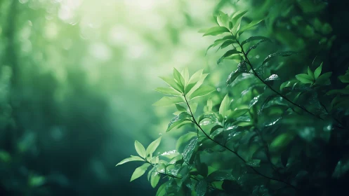 Sunlit green foliage in soft focus, nature photography style.