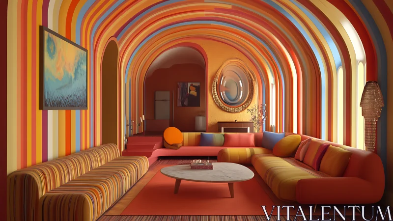 Colorful retro lounge with arched striped interior design.