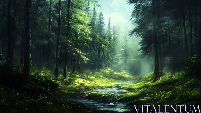 Misty Forest Stream Through Pine Woodland