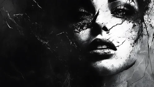 Monochrome fragmented female portrait with splattered textures