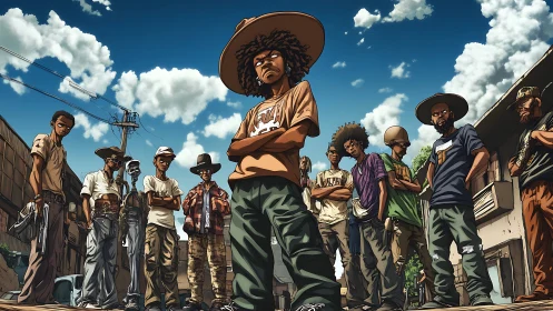 Tough street crew stands united under open daytime sky.