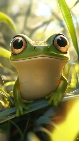 Sunlit frog philosopher perches on a blade of morning clarity