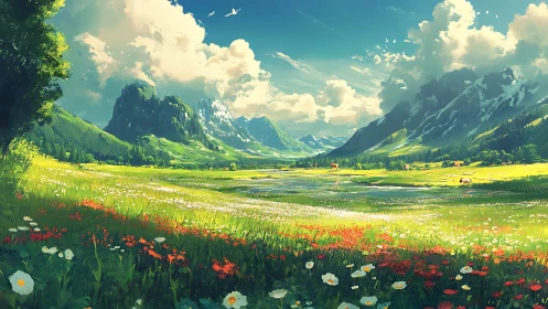 Sunlit alpine meadow dream with wildflowers and vast skies.