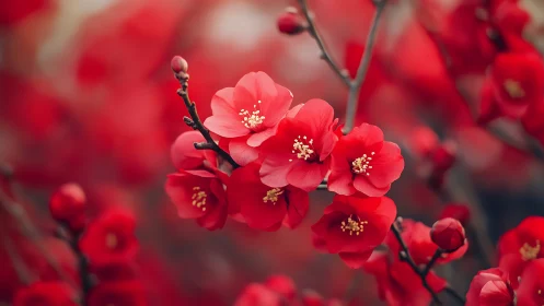Macro floral composition: Red camellia blossoms with golden stamens and botanical depth of field