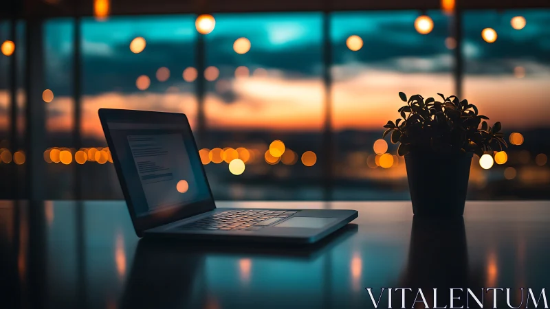 Laptop glows on modern desk under warm sunset bokeh lights.