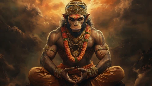 Powerful monkey deity in meditation against stormy sky.