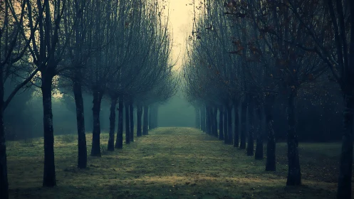 Symmetrical tree avenue in misty rural landscape at dawn.