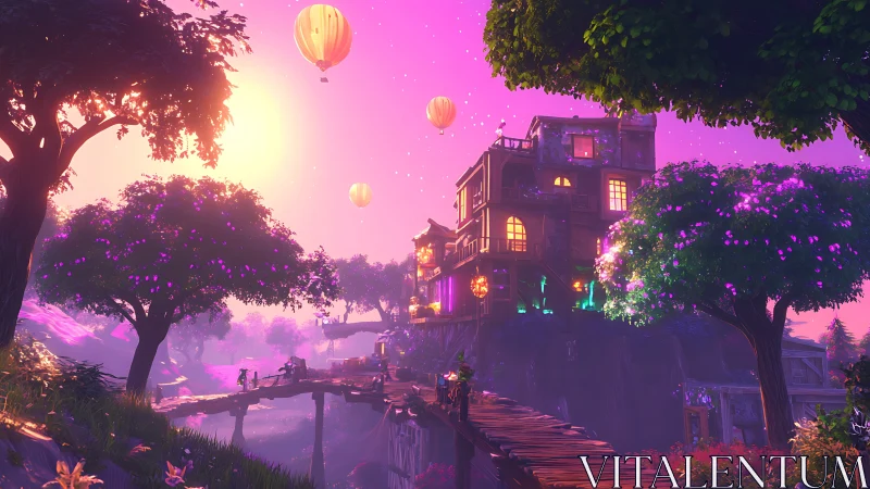 Sunlit skybridge village under floating lantern balloons.