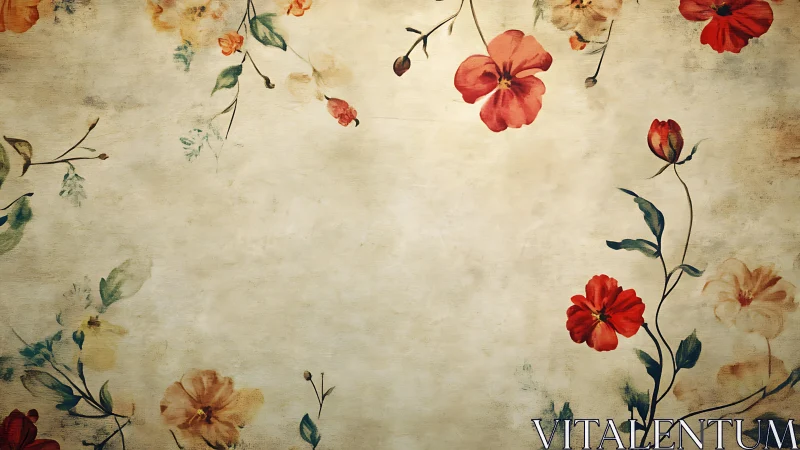 Vintage floral arrangement with red and peach blossoms on aged background.