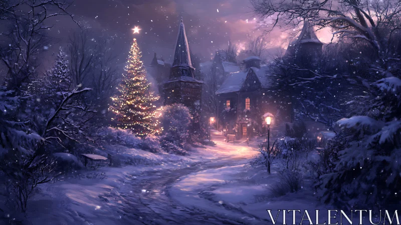 Starlit winter lane curling toward a glowing festive village.